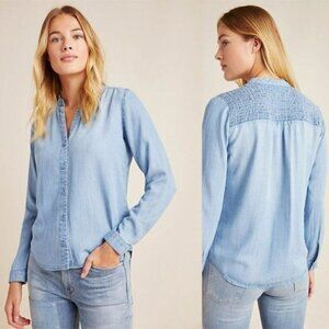 Cloth & Stone Women's White Smocked Back Panel Button Down Shirt Size S Casual